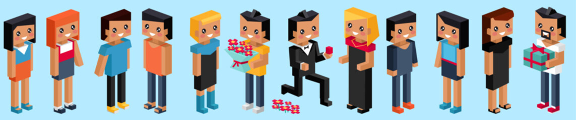 Obraz premium Valentine day concept. Pixel set of sweet couple on honeymoon vacation summer holidays romance. Love isometric concept. Happy Valentines Day 14 februare. Love, honesty, romantic, relationship