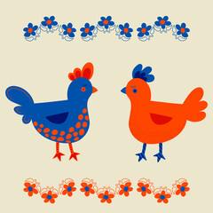 Vector cartoon chick character hen and rooster. Chicken family made in simple doodle style