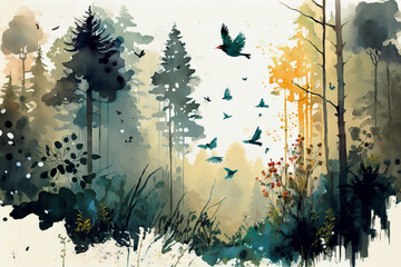 Digital watercolor painting high quality of a forest landscape. Generate ai