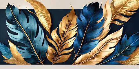 Art background with golden and blue leaves or feathers. Wallpaper or background. Generative AI