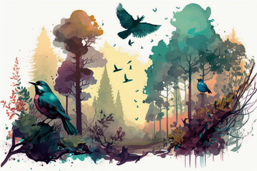 Digital watercolor painting high quality of a forest landscape. Generate ai