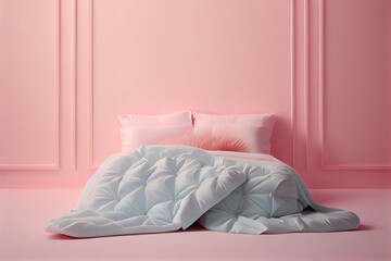 A minimalist bedroom bed with white clean linens, comfy pillows and quilt on a pink delicate wall background, a copy place. Generative AI