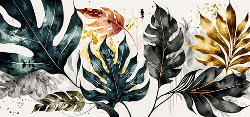 Luxury art background with tropical leaves in a watercolor. Wallpaper or background. Generative AI