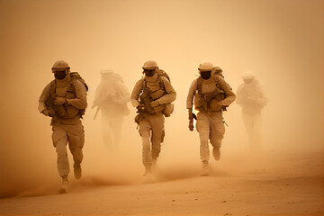 a group of U.S. soldiers in a dust storm   - obrazy, fototapety, plakaty
