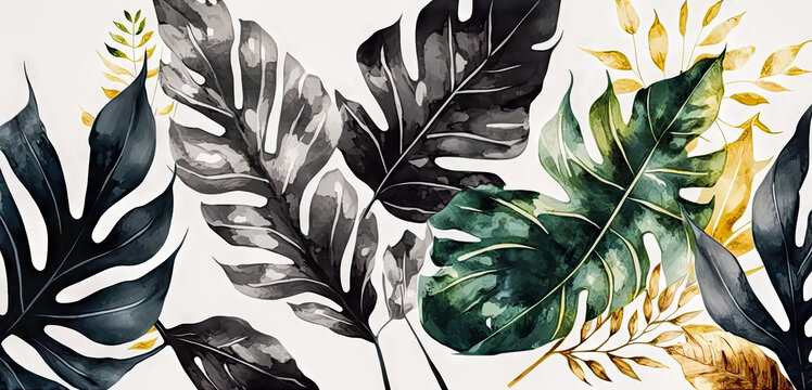 Luxury art background with tropical leaves in a watercolor. Wallpaper or background. Generative AI © Matyfiz