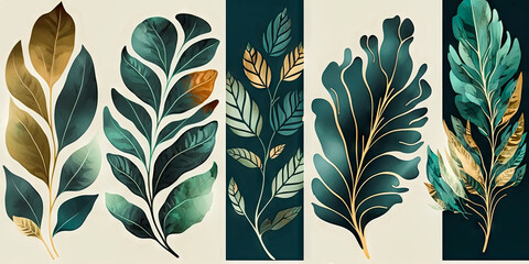 Set of abstract foliage wall art vector. Leaves organic. Wallpaper or background. Generative AI