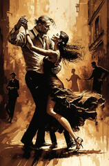 Fototapeta premium Generative AI illustration of Young couple dancing on the street