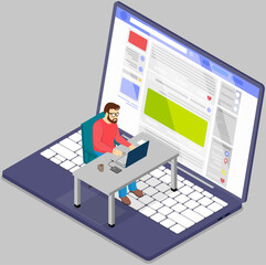 Man working remotely with computer. Freelance or Internet job concept. Person sitting with laptop, viewing information on website. Guy studying courses online, freelancer works with electronic device