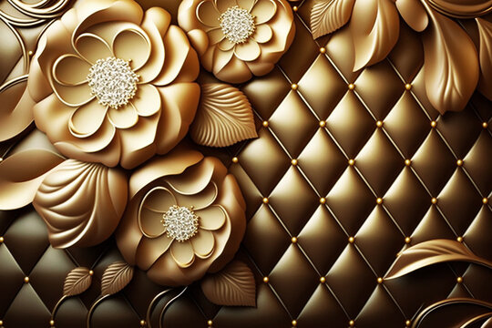 wallpaper golden diamond flowers on golden leath. Generate AI