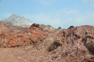 bizarre red and brown rock formation at the dry Hormuz island, Iran