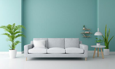 Sofa in blue living room with copy space for mock up, 3D rendering