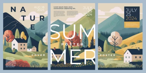 Foto op Plexiglas Summer nature poster, cover, card, banner, label set with european rural landscape with houses, mountains and hills, trees, flowers, grass. Modern art, minimalist design with typography. flat design. © Tanya