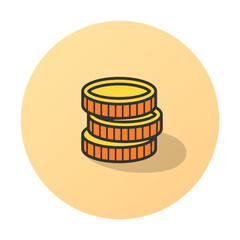Coin stack icon on light background. Money savings symbol. Dollar increase, golden coins pile with shadows, business concept. Outline, flat, and colored style. Flat design. Vector illustration.