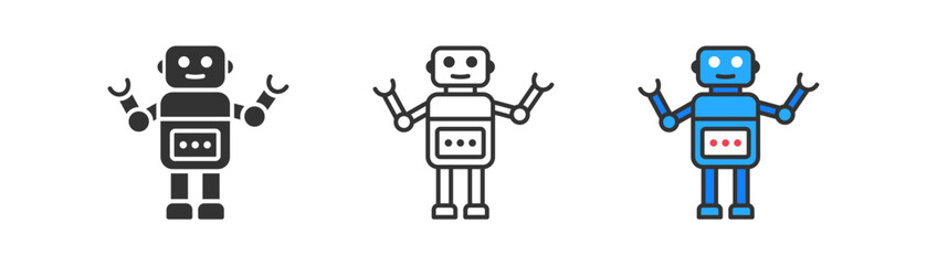 Smiling robot icon on light background. Toy for children. Online tech support symbol. Chat, bot, web assistant, help concept. Outline, flat, and colored style. Flat design. Vector illustration.