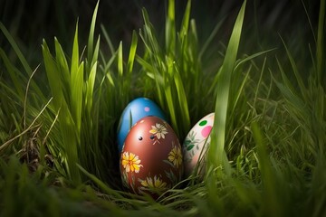 Easter celebration: colorful Easter eggs in nest between the grass. AI