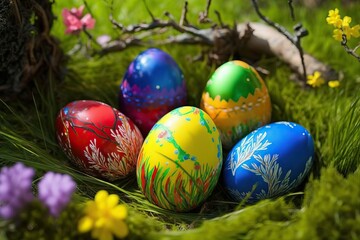 Fototapeta na wymiar Easter celebration: colorful easter eggs between the grass. AI