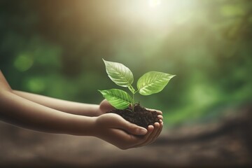 Child hands holding growing plant. Concept for earth day.