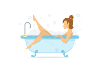Woman taking a bubble bath and relaxing in a bathtub isolated on white background