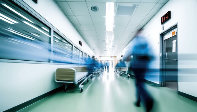 Busy Fast-Paced Crowded Overcrowded Hospital Emergency Room Hall Corridor Waiting Room Timelapse Motion Blur With Doctors And Nurses Walking, Moving, Running Quickly