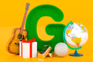 Fluffy letter G with guitar, geographical globe, gift box, gold bar, golf ball. Kids ABC, 3D rendering