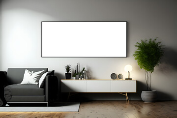 Front view of a wide big screen mockup, modern interior with furniture, black interior design, generative ai