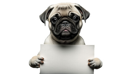 Transparent pug puppy holds a blank sign for your message