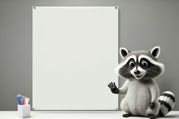 3D cute raccoon cartoon standing beside blank whiteboard. Generative AI