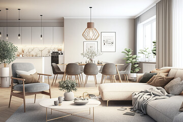 Modern interior design of apartment, living room with beige sofa over the light stucco wall, 3d rendering - Generative AI