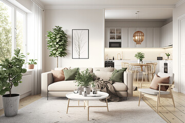Modern interior design of apartment, living room with beige sofa over the light stucco wall, 3d rendering - Generative AI