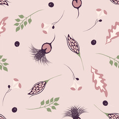 Stylish  vector abstract floral seamless pattern in scandinavian style. Modern doodle painting. Texture with berries, fruits, flowers, organic shapesdark color on a pink background. Repeated design