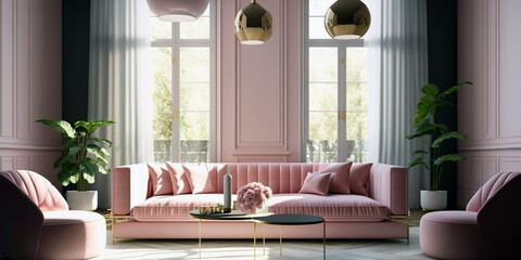 Interior of modern living room, light pink color, background