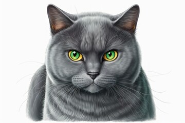 A gray cat with emerald eyes has a sweet expression. Vertical shot with a white background. Generative AI