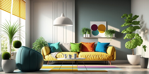 Interior of modern bright colored living room background.