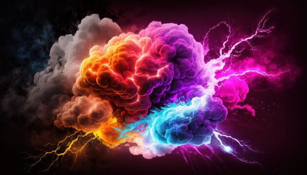 Bright explosion with smoke and lightning in neon lights