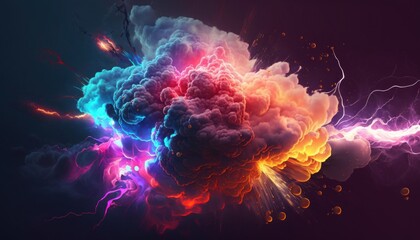 Bright explosion with smoke and lightning in neon lights