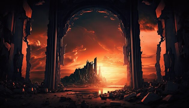 Famous building that collapsed and was in surrel ruins, the end of the world, dramatic galaxy overhead