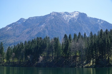 Beautiful austrian landscape: idyllic lake and forest with snow covered mountain in the background