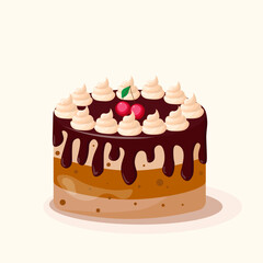 Chocolate drip cake with cherries. Flat design vector illustration.