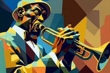 Afro-American male jazz musician trumpeter playing a brass trumpet in an abstract cubist style painting for a poster or flyer, computer Generative AI stock illustration - obrazy, fototapety, plakaty