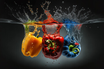 Fototapeta na wymiar Bell pepper splashed or thrown in water. Water splash fresh fruit creative concept idea. Ai generated