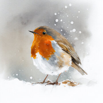 Watercolour of a robin redbreast (Erithacus rubecula) bird in the winter snow, a British European garden songbird often found on Christmas greeting cards, computer Generative AI stock illustration