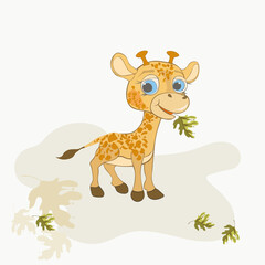 Vector illustration of  cute giraffe in a clearing with leaves. Template for social media posts, stories, banners, mobile apps. For kids, books, covers, wallpapers, stickers, business cards