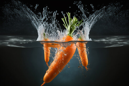 Carrot splashed or thrown in water. Water splash fresh fruit creative concept idea. Ai generated