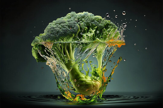 Broccoli splashed or thrown in water. Water splash fresh fruit creative concept idea. Ai generated