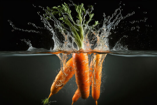 Carrot splashed or thrown in water. Water splash fresh fruit creative concept idea. Ai generated