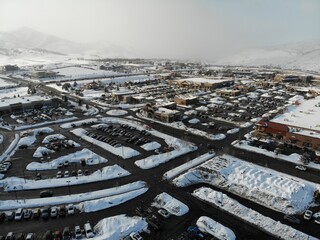 Aerial View of parking lot snowing