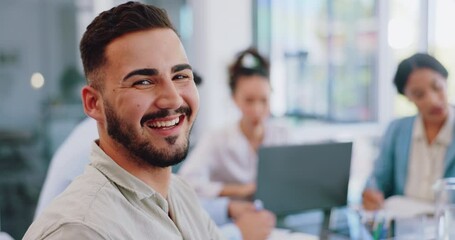 Happy businessman, portrait or internship in office meeting, boardroom training or diversity teamwork collaboration. Smile, corporate or new opportunity worker in global finance company for planning