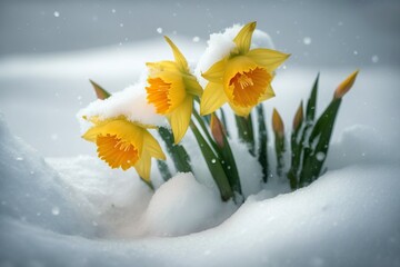 Early spring: beautiful yellow 
daffodil flowers growing through the snow. AI