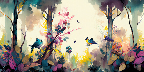 Obraz na płótnie Canvas Digital watercolor painting of a forest landscape with birds, butterflies and trees, in bright colors, Generative AI