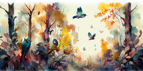 Digital watercolor painting of a forest landscape with birds, butterflies and trees, in bright colors, Generative AI